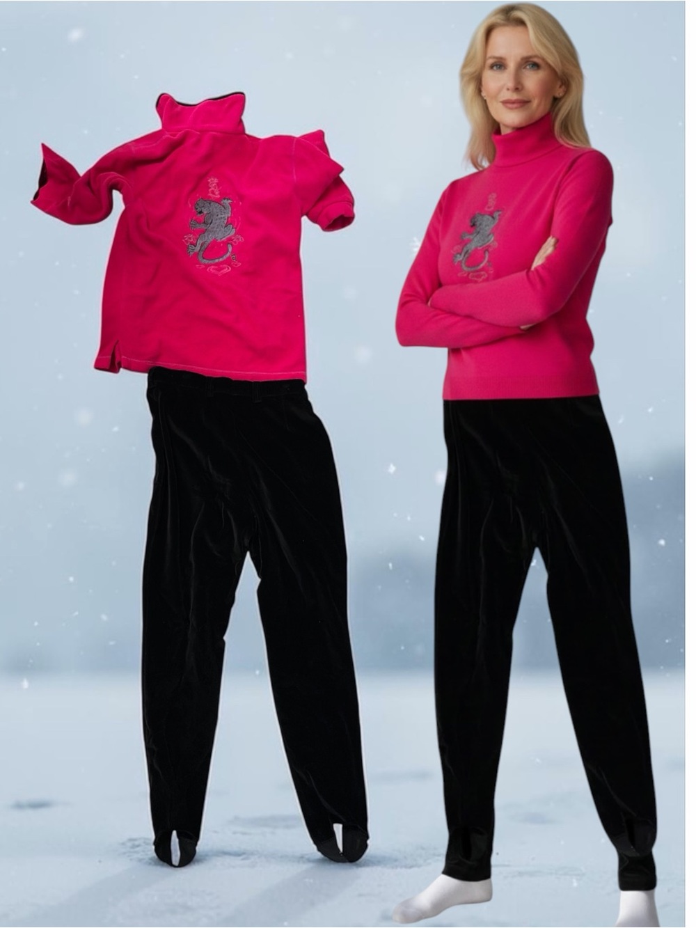 Bogner Hot Pink Ski Sweater with Silver Embellishment With Velvet Ski Pants Set